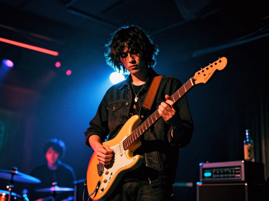 Nova Rivers performing on stage with electric guitar under neon lights